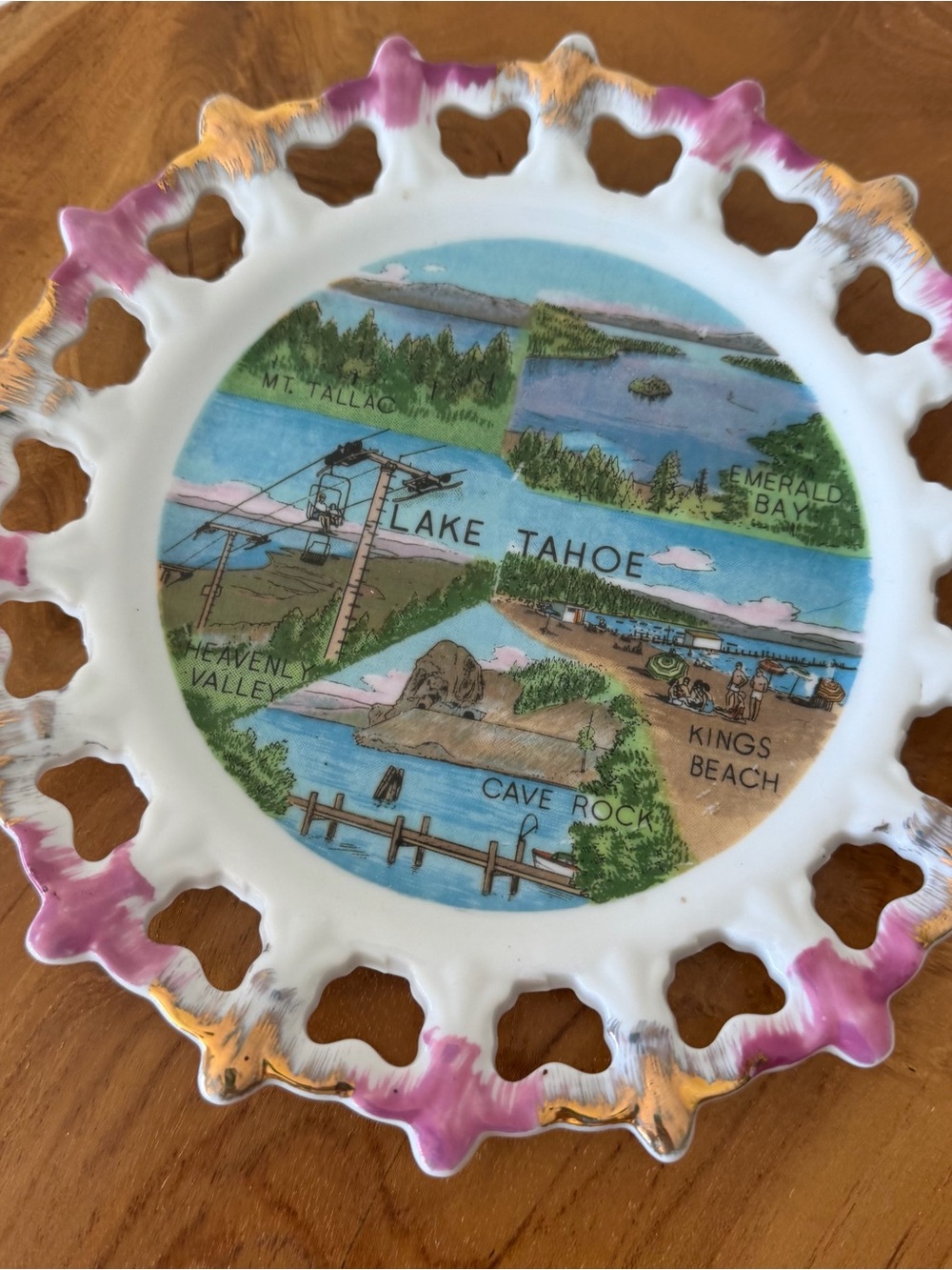 Vintage Lake Tahoe California Souvenir Plate Made in Japan Pink Gold Pierced Rim